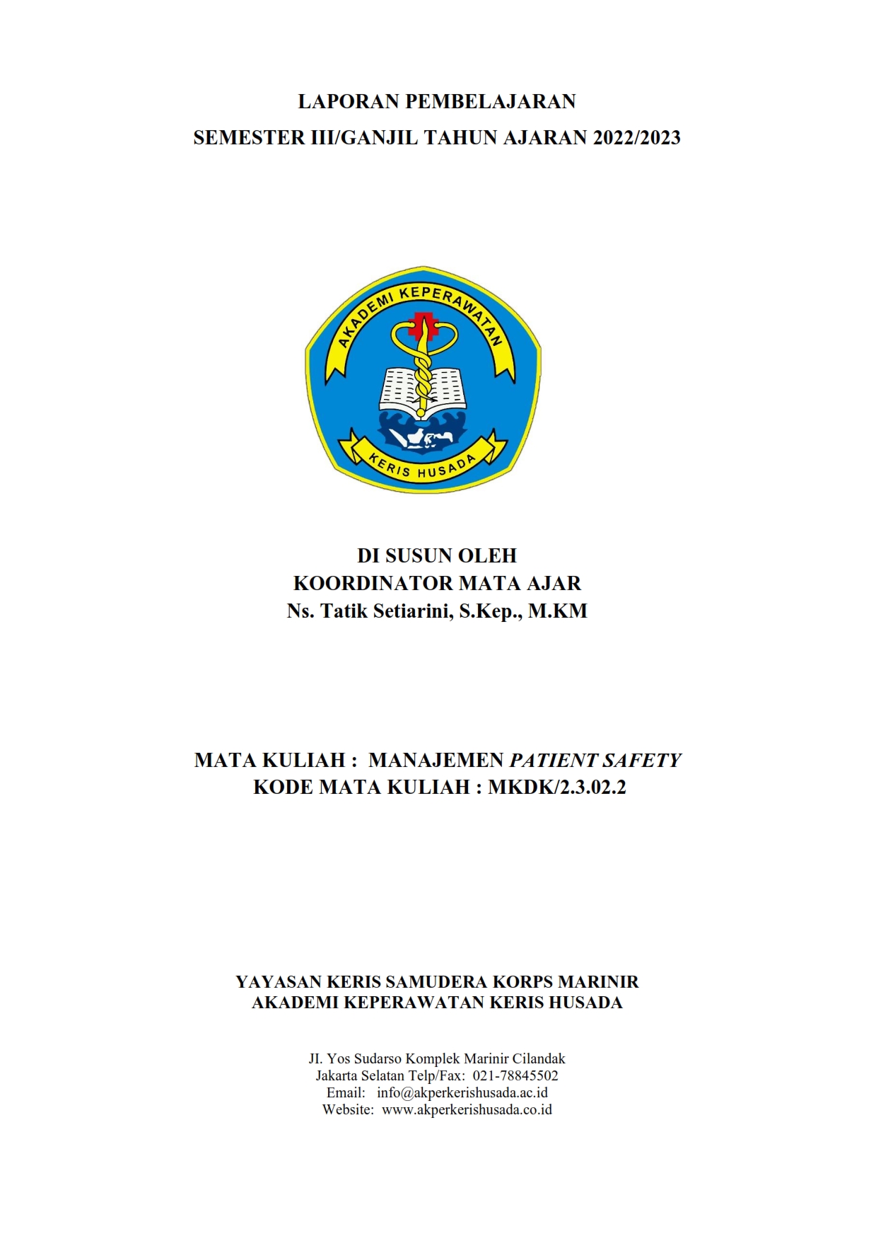 Jurnal Perkuliahan MK. Manajemen Patient Safety Semester Ganjil III TA.2022/2023